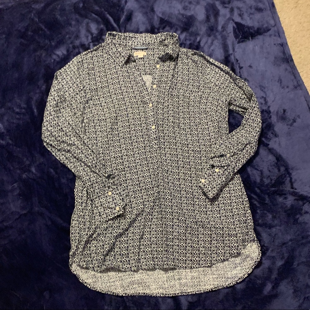 Blue and white patterned shirt dress
